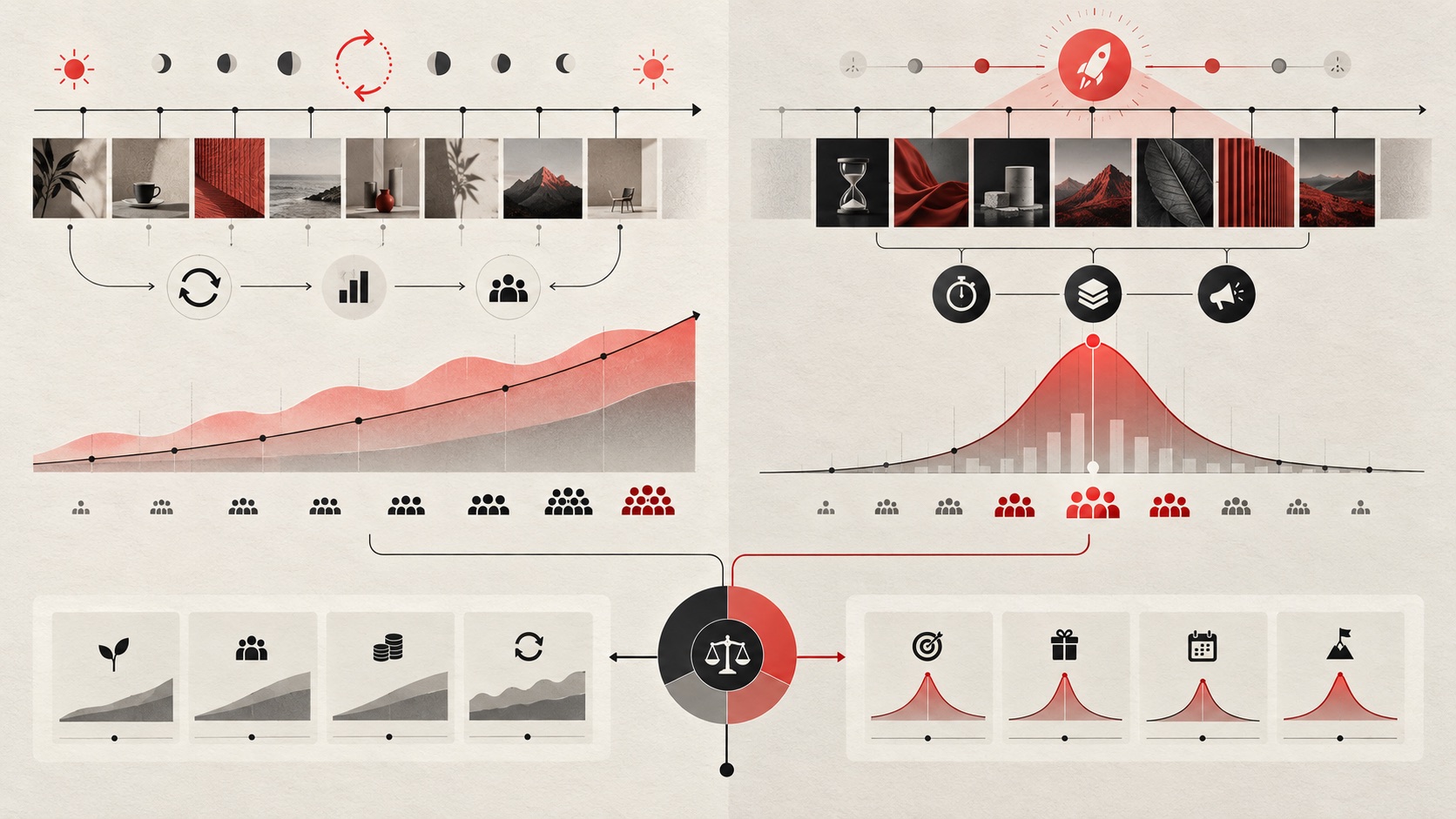 Parallel timelines comparing continuous creator marketing with a concentrated campaign launch peak