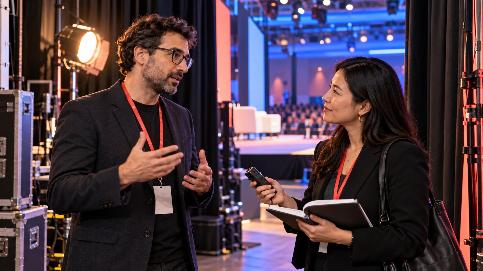 A technology founder discussing an idea with a journalist backstage at a brightly lit industry event