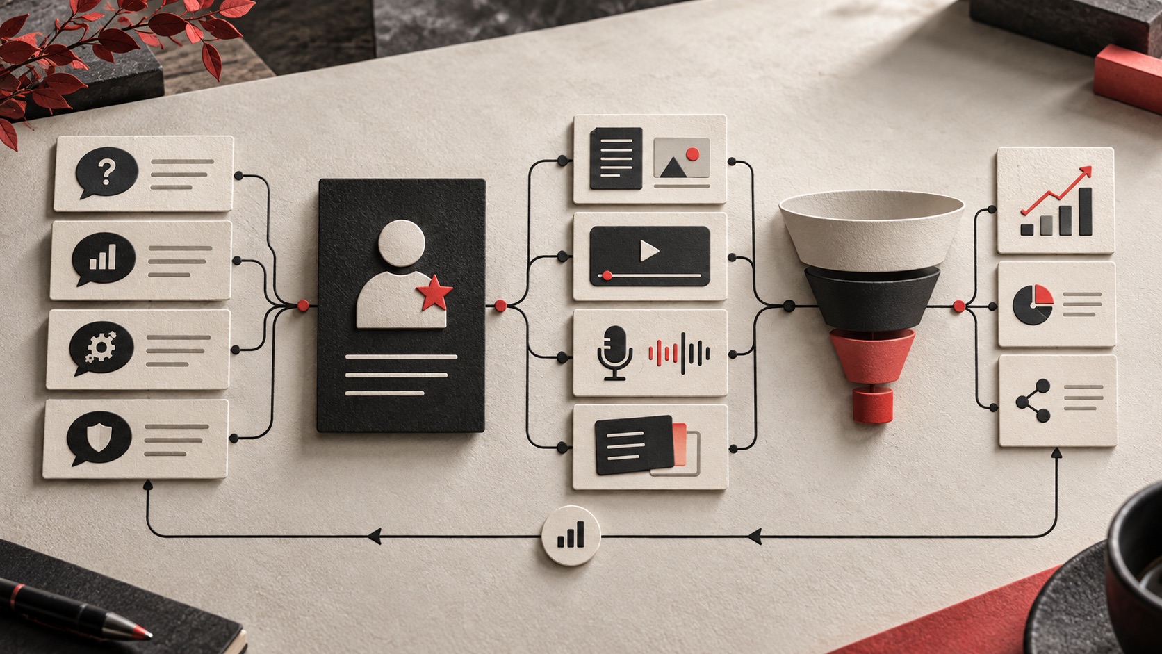 An editorial diagram connecting buyer questions, expert creators, reusable content and measurable distribution