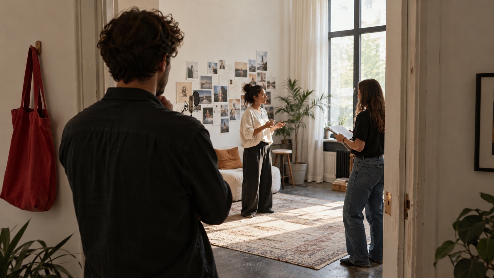 A founder observing a creator rehearsal from a modest studio doorway