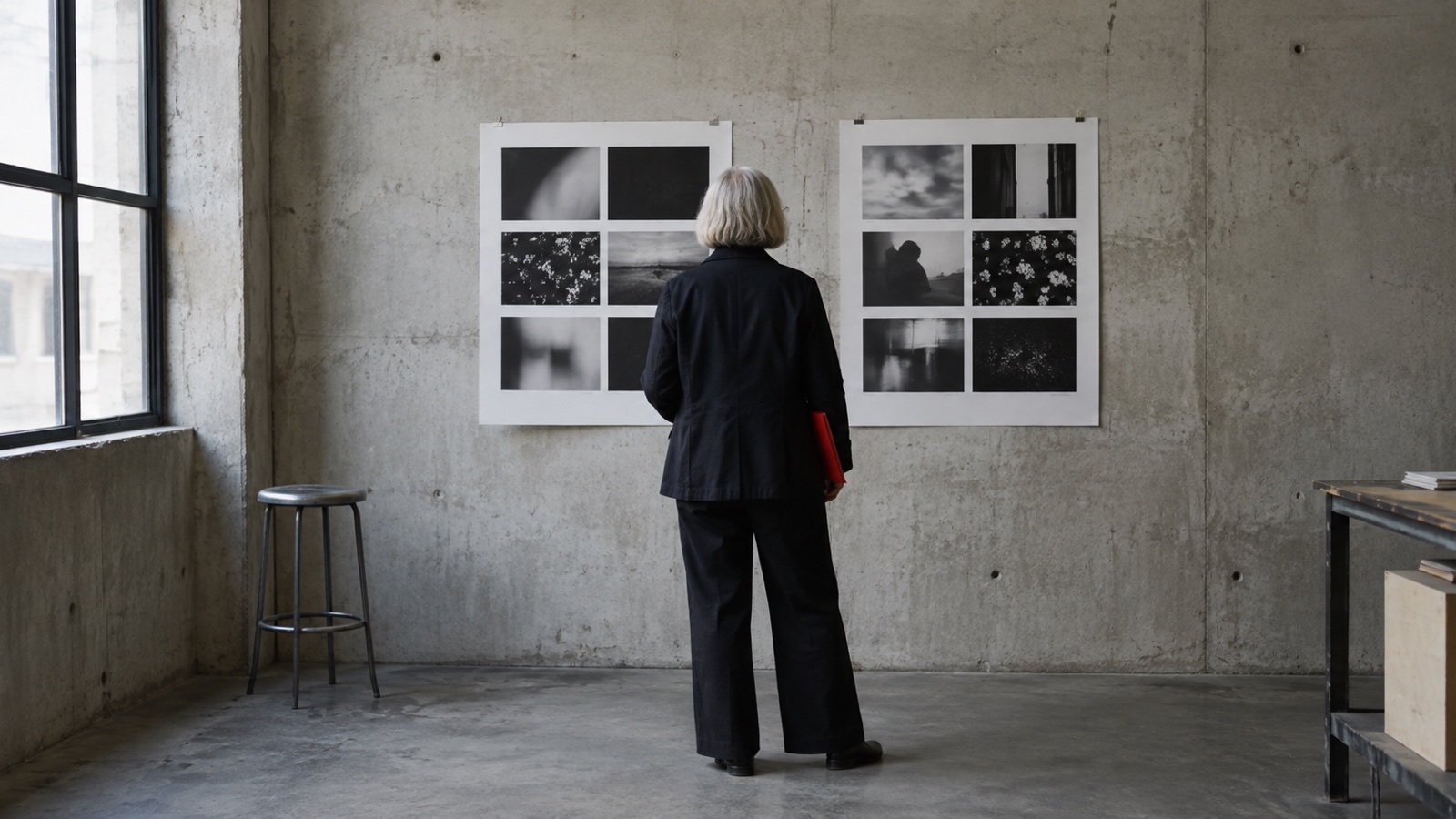 A creative director choosing between unmarked photographic contact sheets on a workroom wall