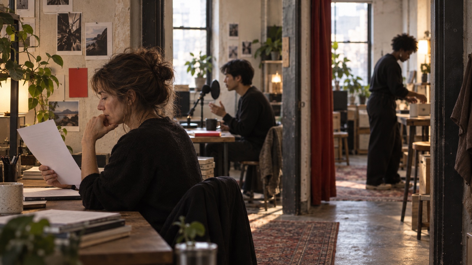 Three creators working in separate areas of one connected independent media workspace