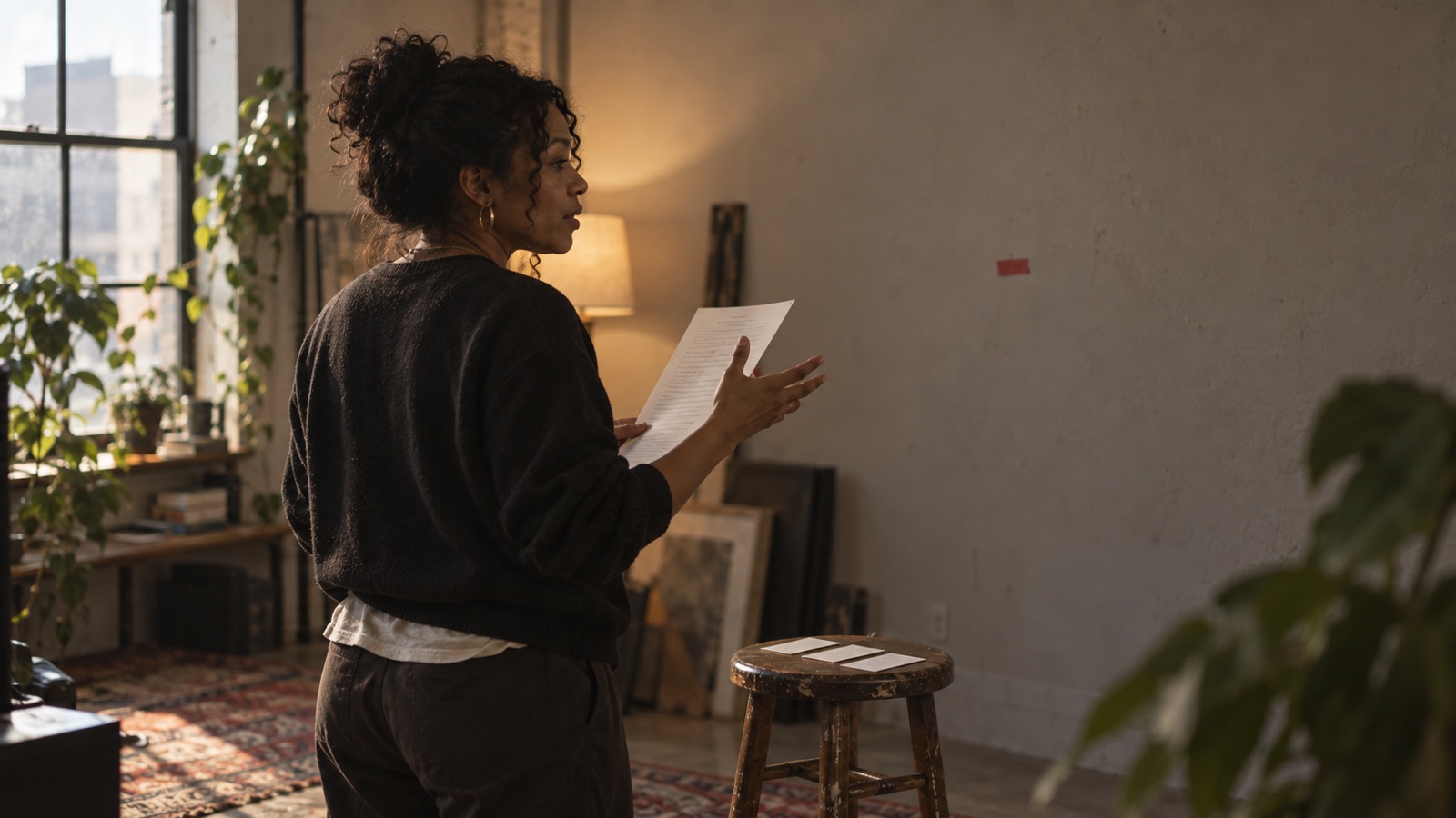 A creator rehearsing from a full script beside a set of shorter cue cards