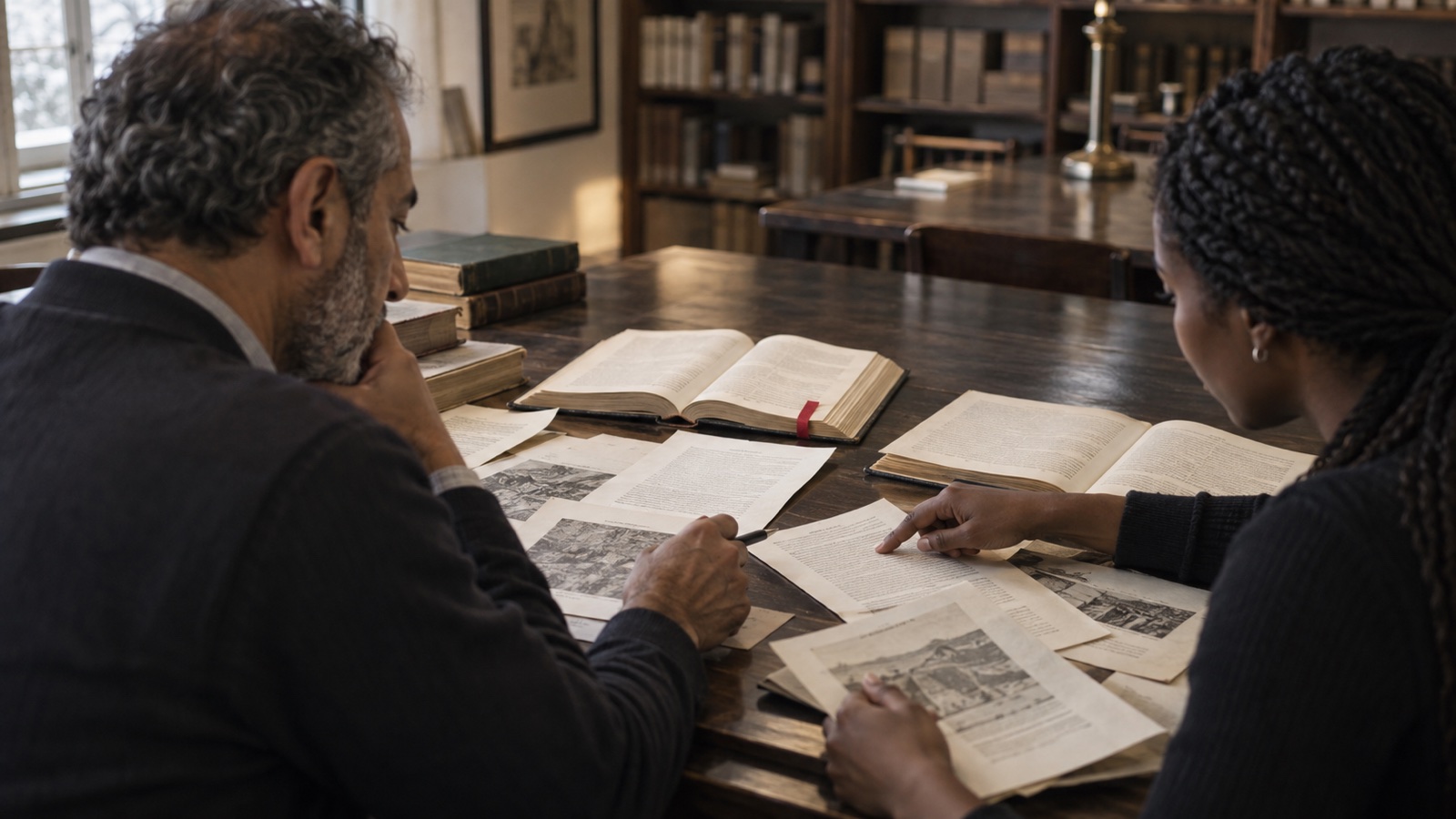 Two research editors cross-checking printed sources and reference books in an archive