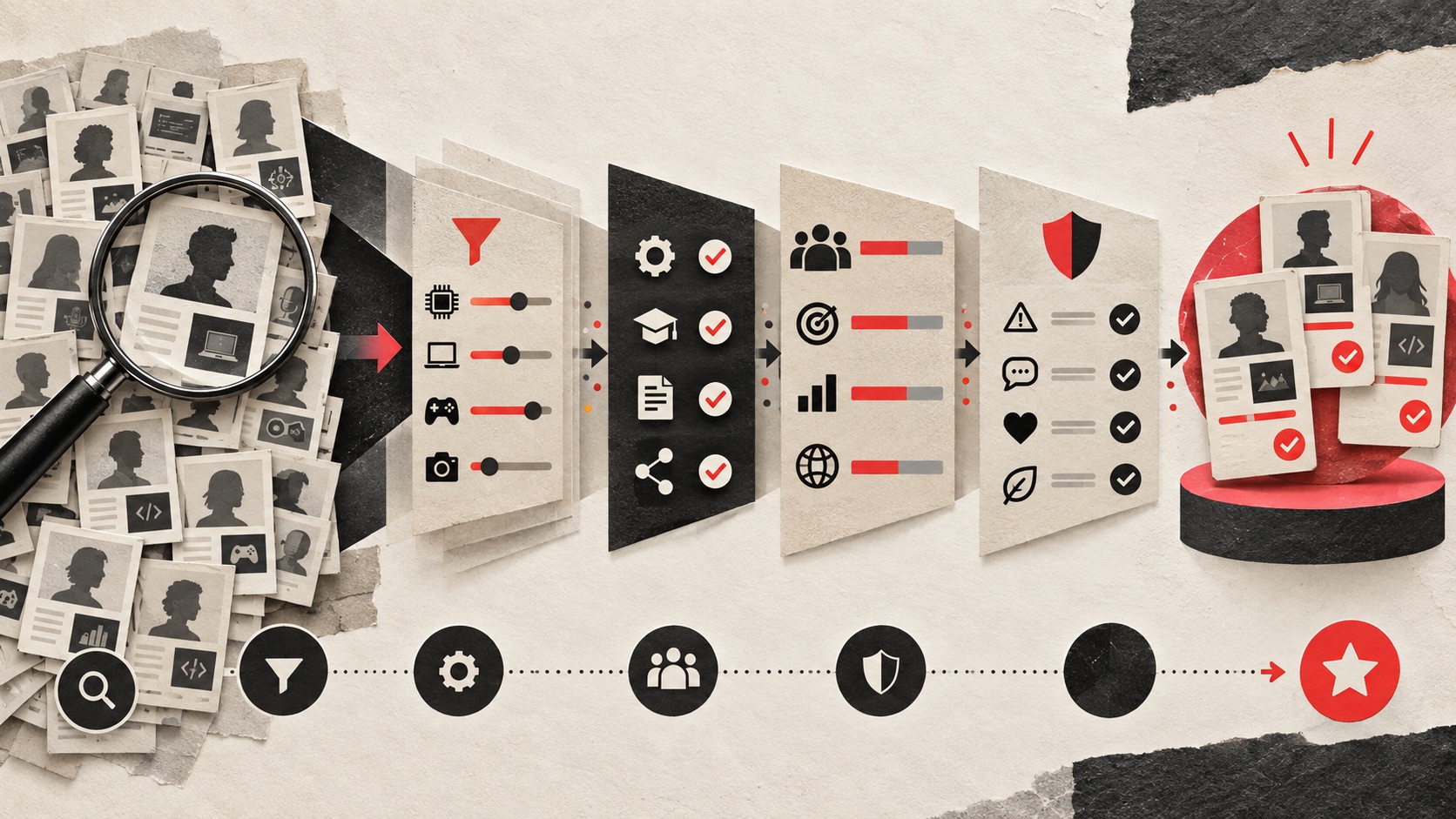 A creator discovery funnel filtering technology profiles into a verified shortlist