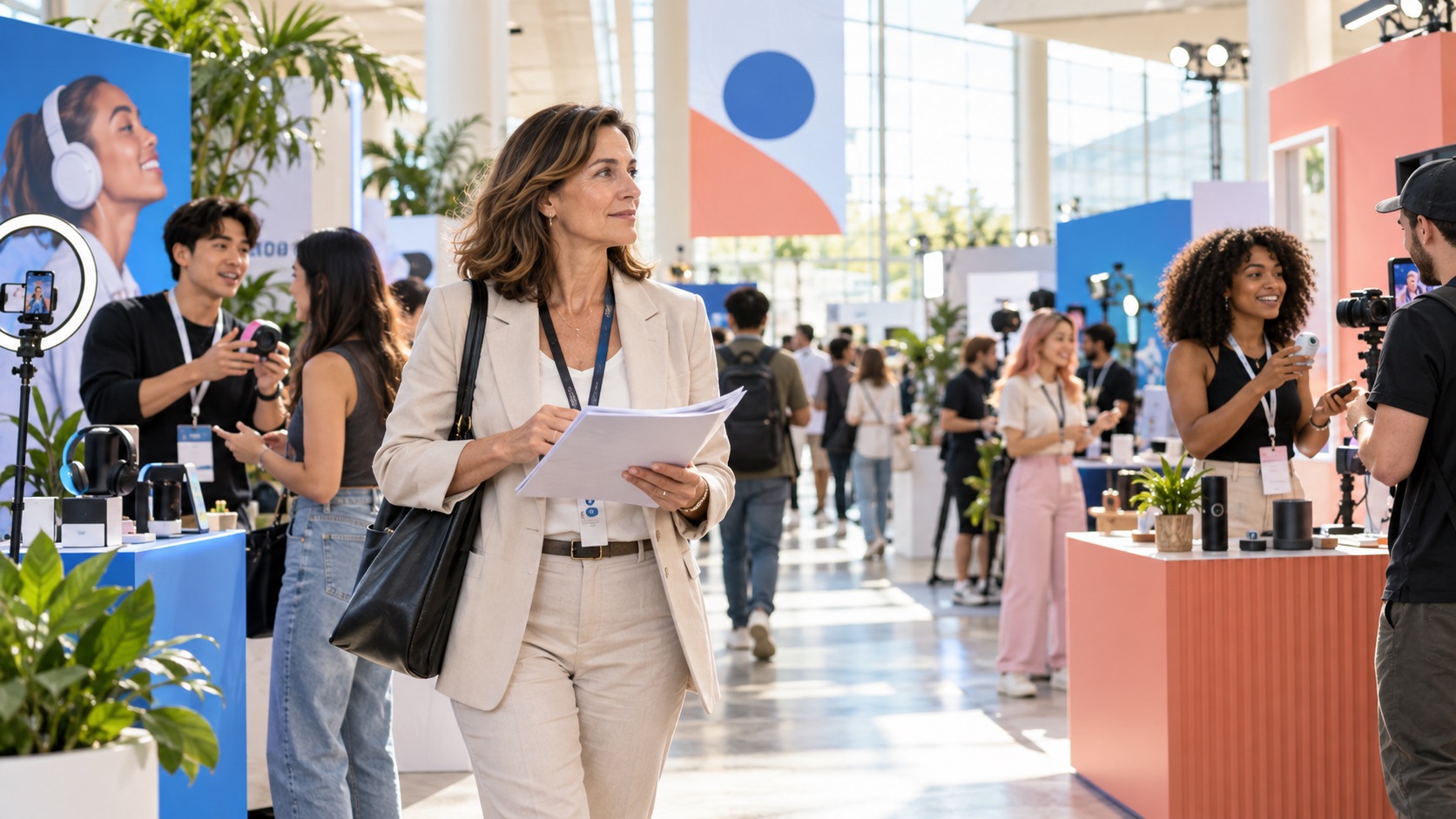 A talent scout moving through a bright technology creator convention