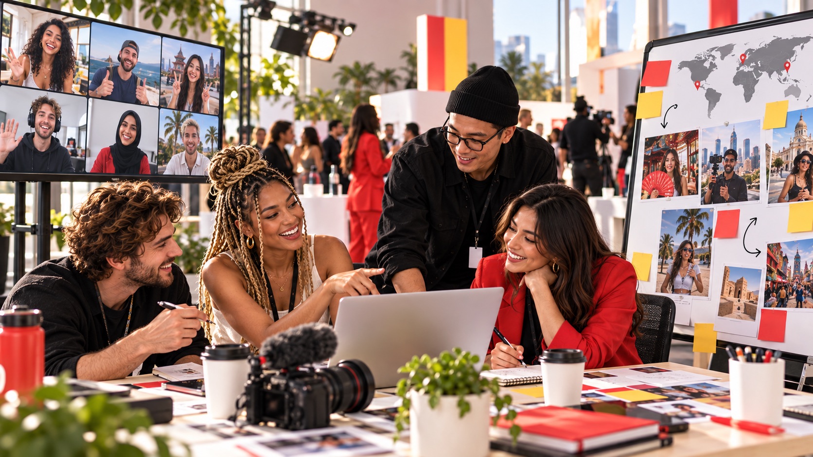 A global campaign team coordinating localized creator content backstage at a launch