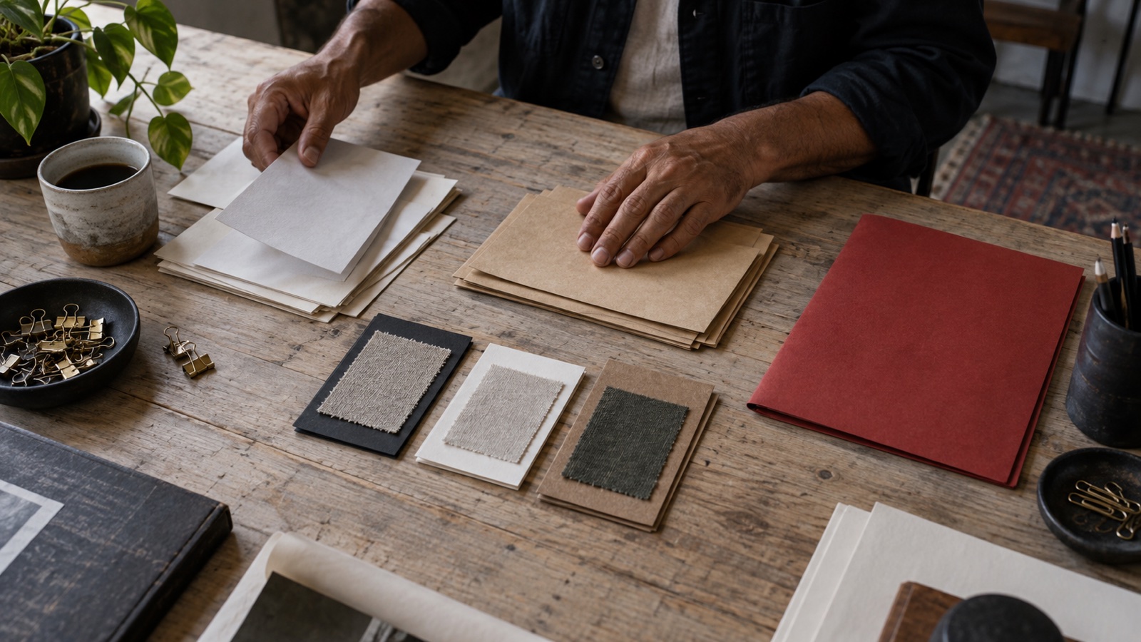 A producer sorting unmarked cost materials and paper envelopes across a worn worktable