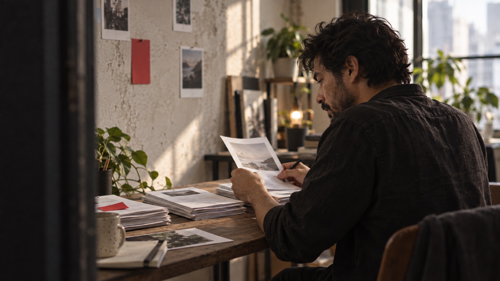 A creator manager comparing campaign quote sheets in a modest editorial workspace