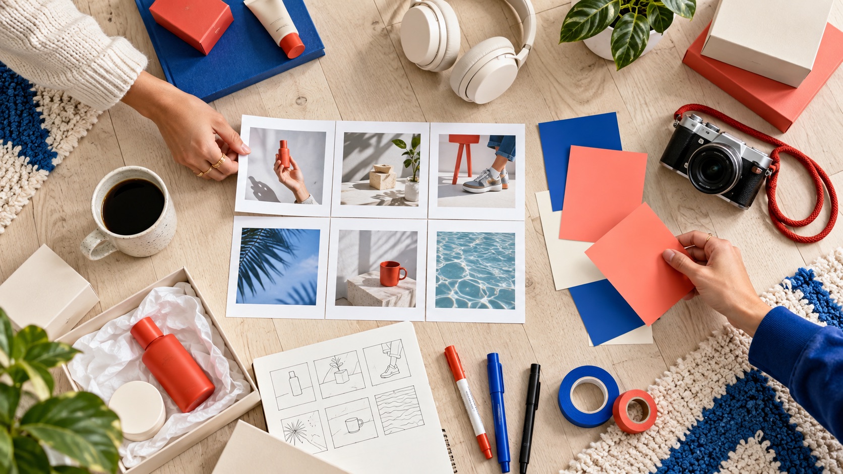 An overhead creator brief with storyboards, camera gear, product samples and color cards