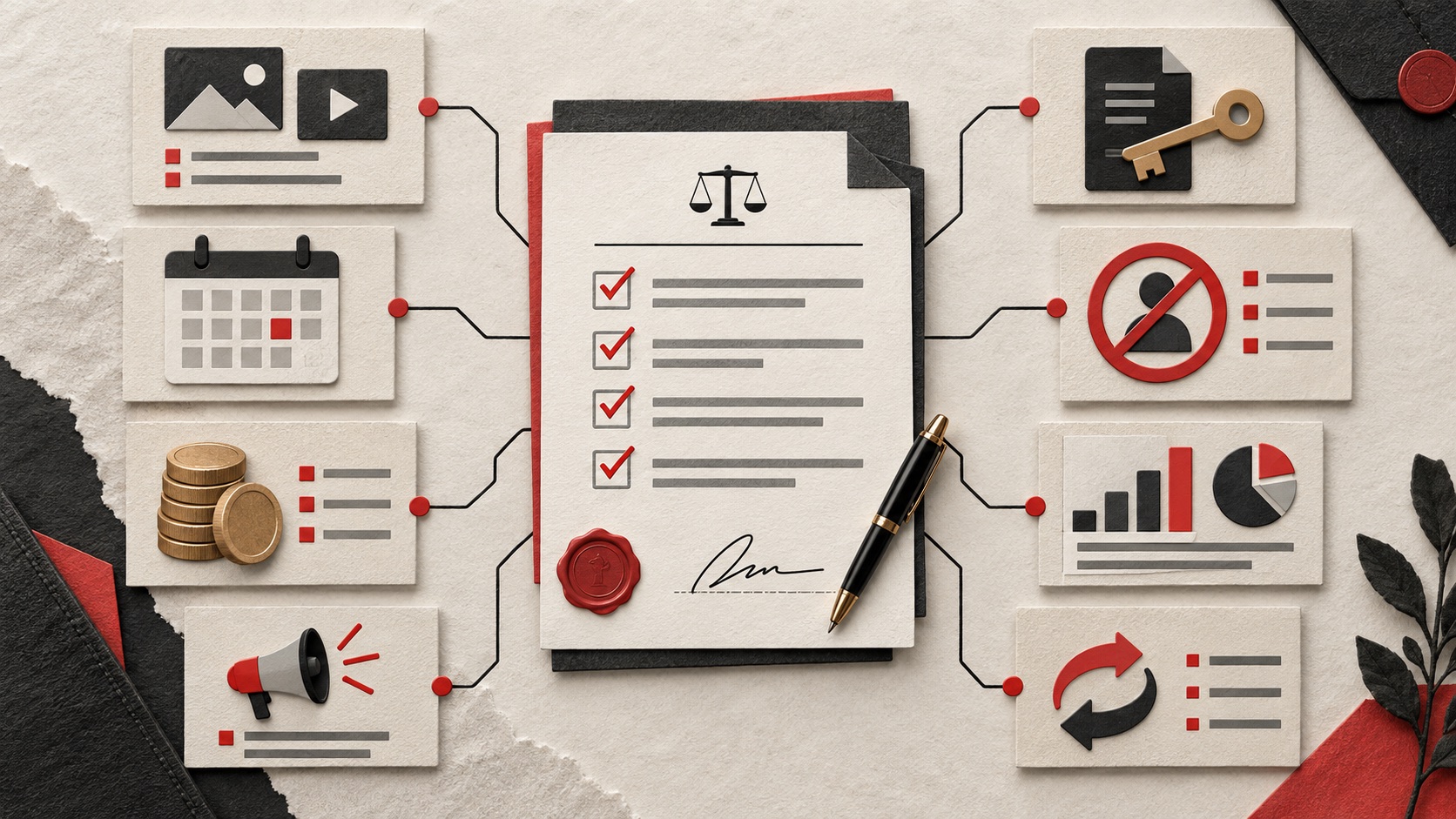 A creator contract connected to deliverables, schedule, payment, rights, reporting and change controls