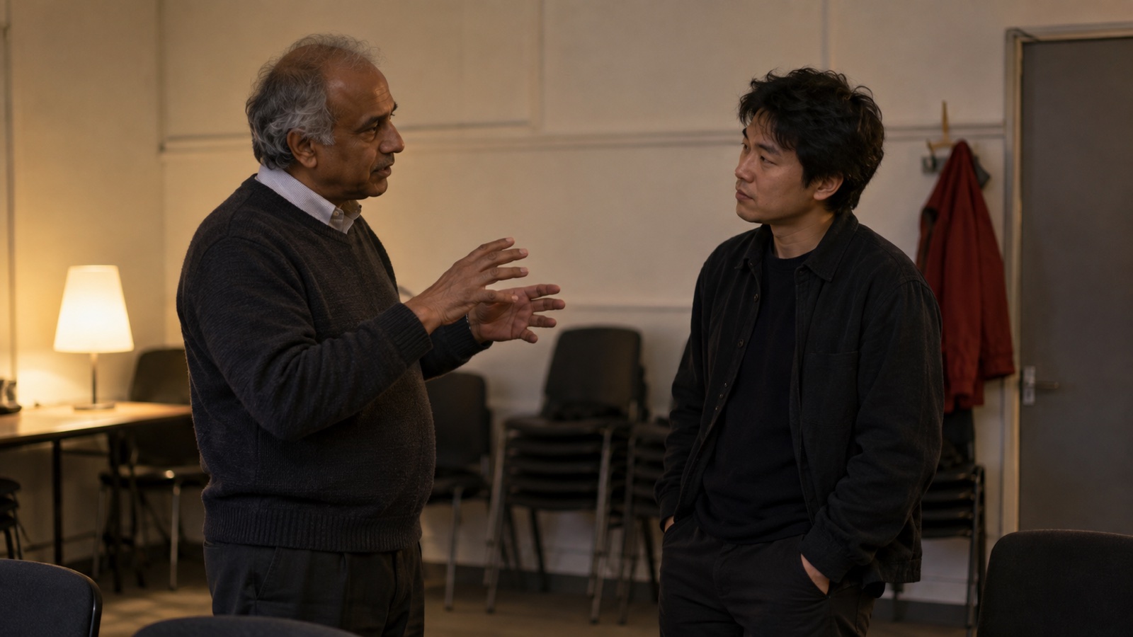 An older developer educator explaining an idea to a younger listener in an evening classroom