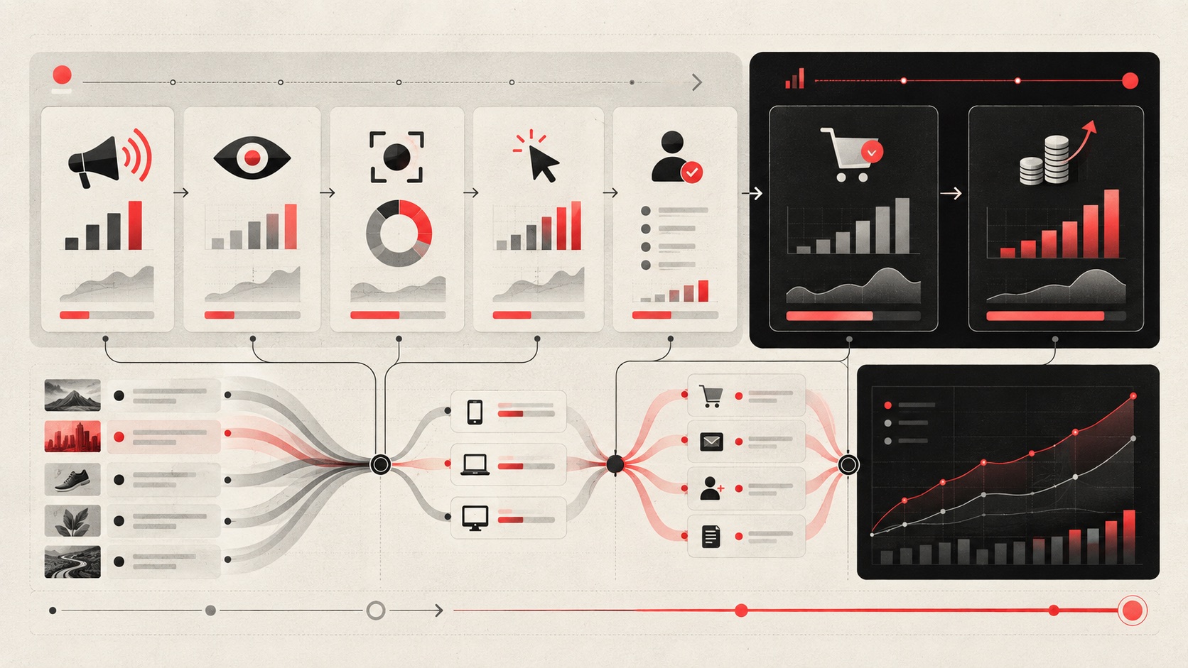 A KPI cascade connecting creator reach and attention to actions, conversions and revenue