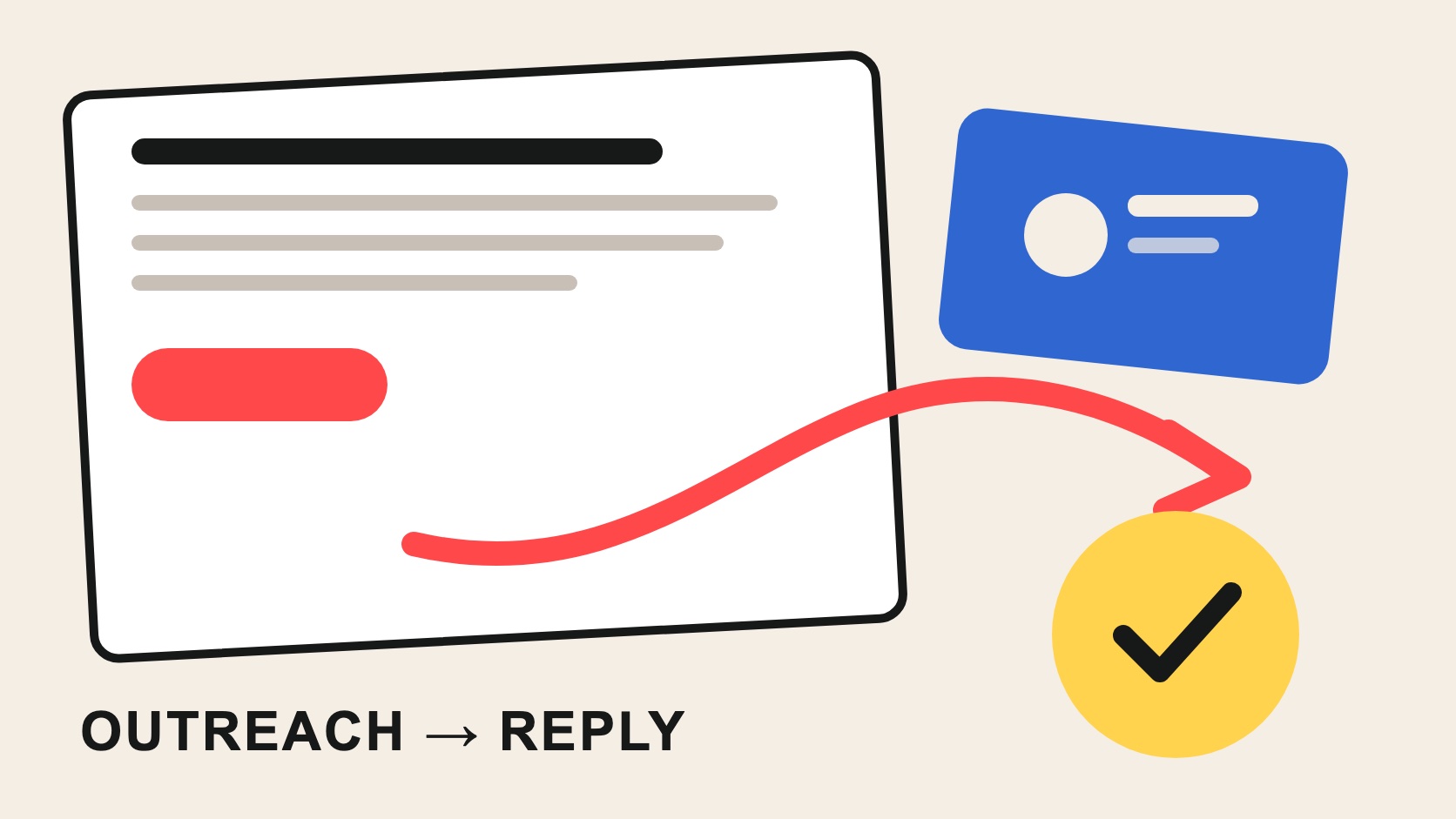 A bright editorial still life of a concise outreach note, product brief card and reply tray connected by a red route