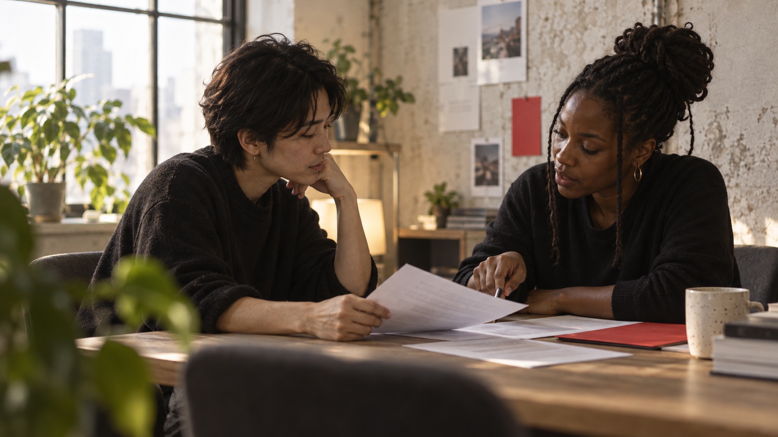 A creator and producer reviewing an agreement together in a daylight workspace