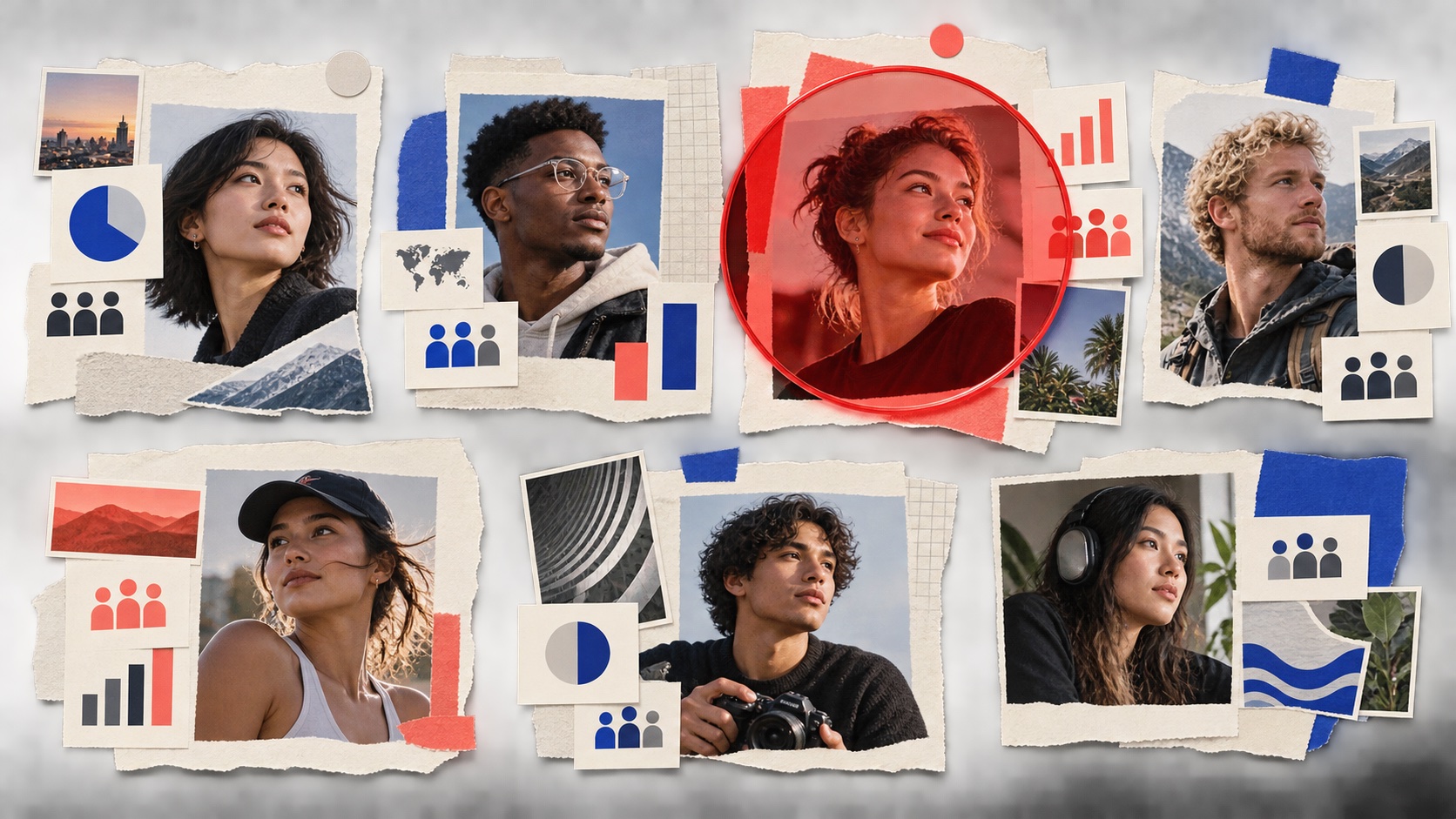 An editorial contact-sheet collage comparing six creator profiles with one highlighted through a red selection lens