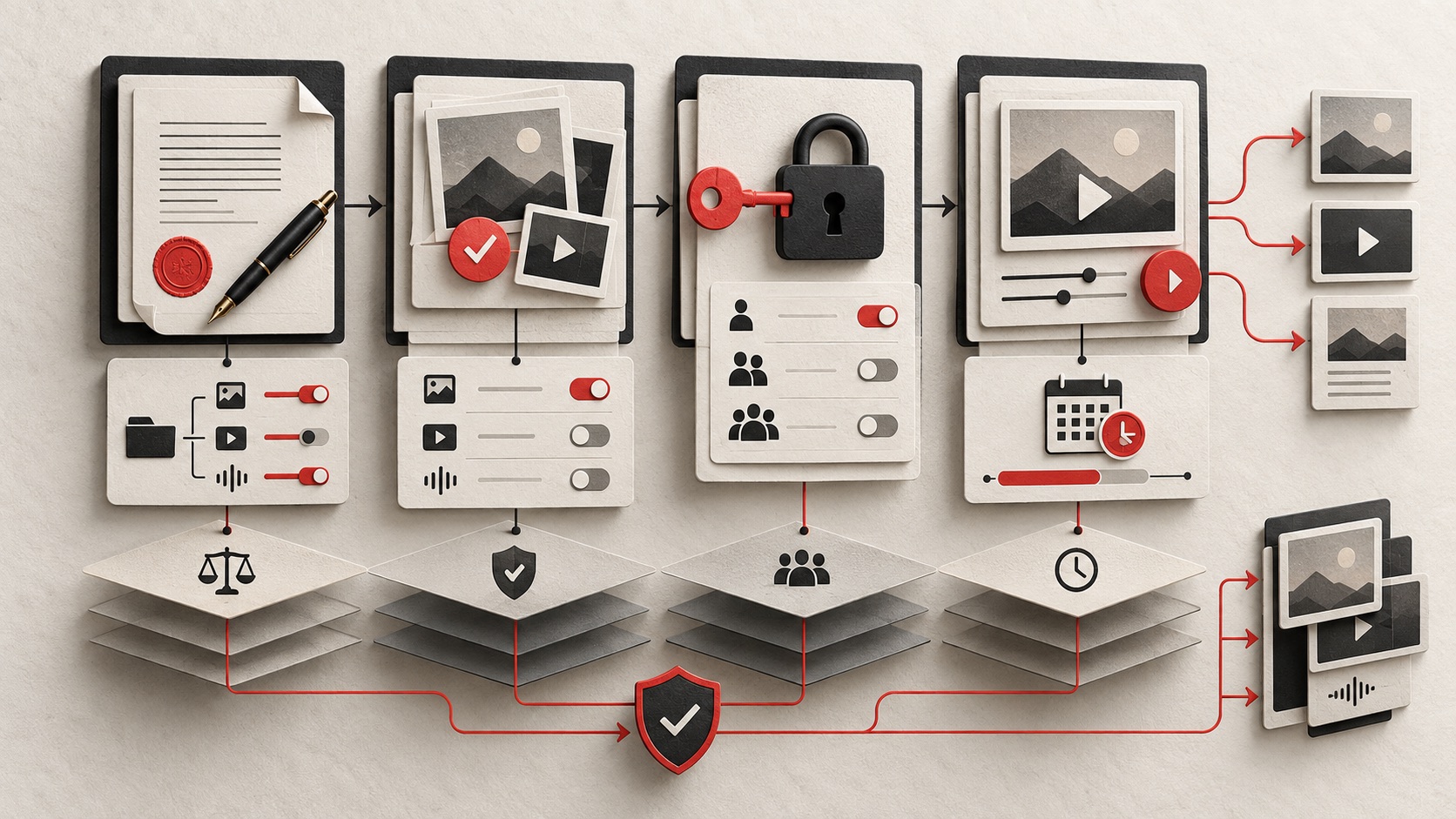 A permission stack linking agreement, asset approval, account authorization and paid media delivery