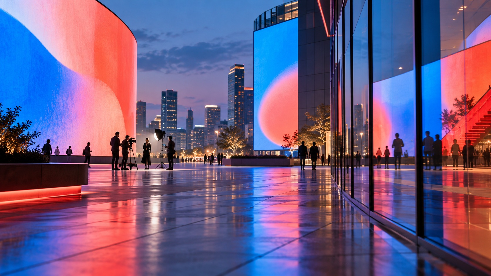 An urban campaign plaza illuminated by large abstract digital media panels