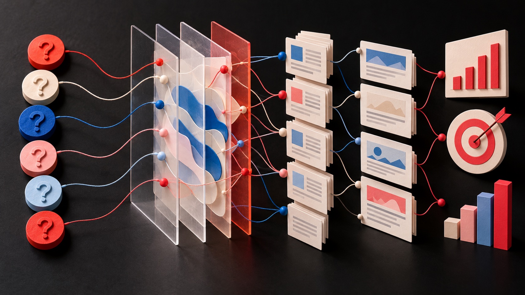 A tactile data-art system connecting buyer questions through layered answer planes to source pages and outcome signals