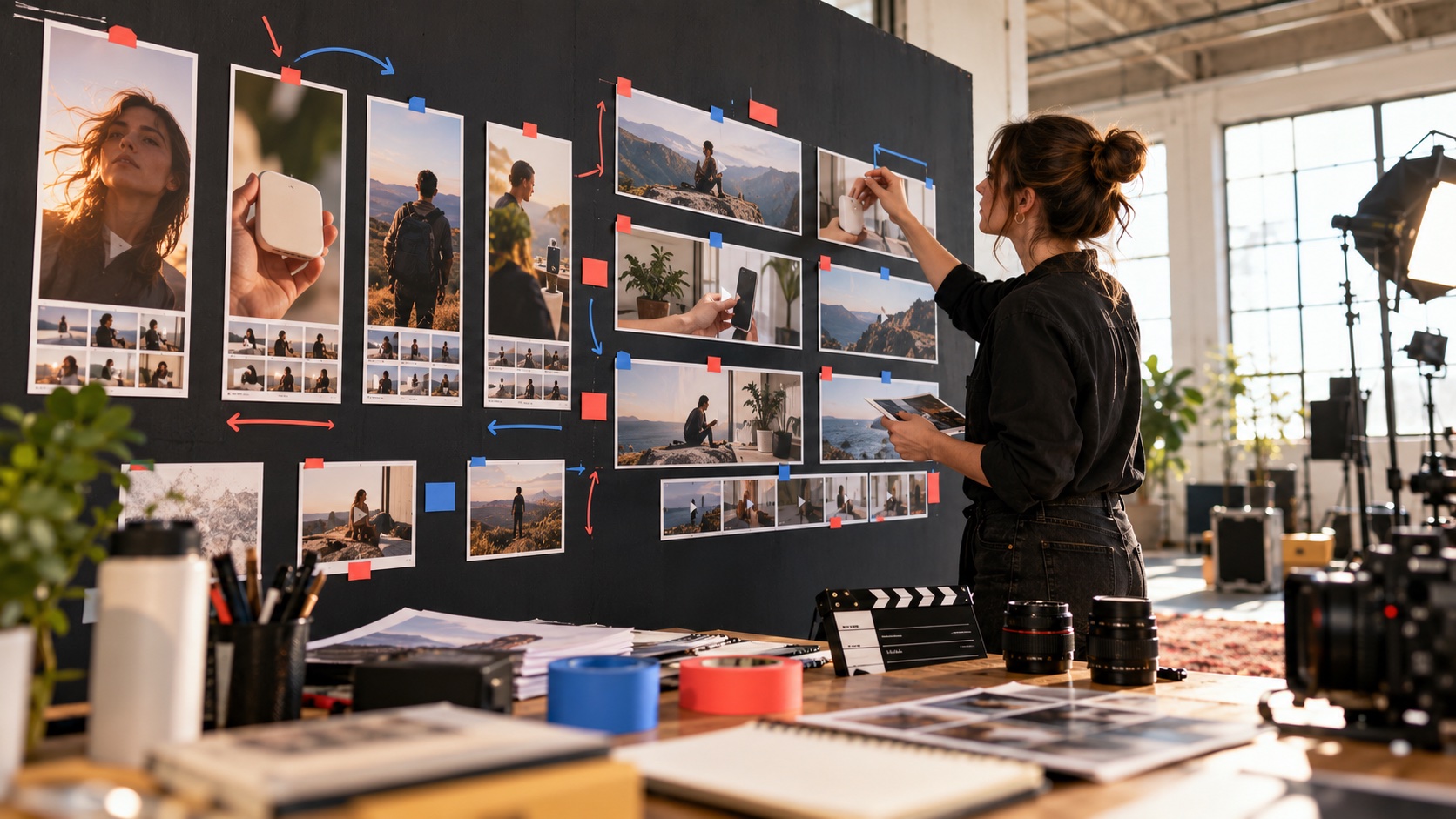A performance marketer arranging varied video storyboards and production frames on a black creative-testing wall