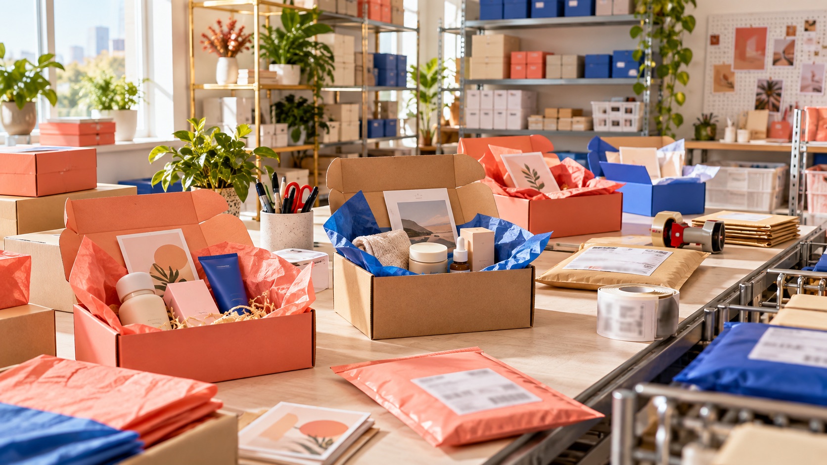 A bright creator seeding studio filled with colorful product mailers and packing materials