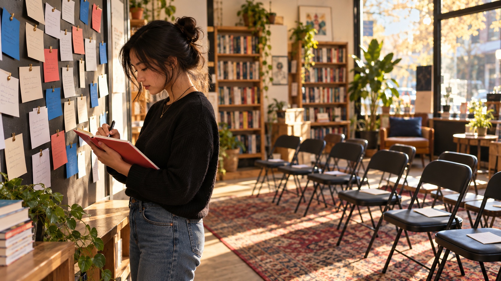 A community operator taking notes from question cards after a small technology discussion in a warm independent bookstore
