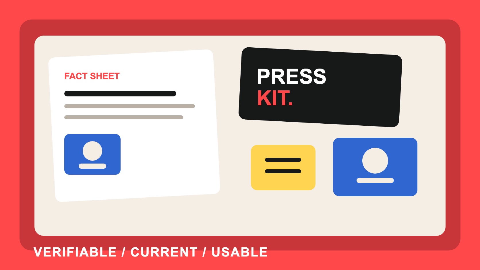 A restrained editorial press kit with fact sheet, portrait, product image and source tabs arranged on a red desk