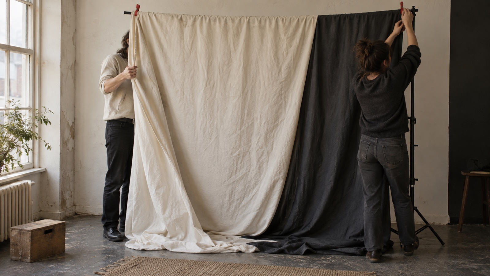 Two crew members adjusting a simple fabric backdrop on a modest rented set