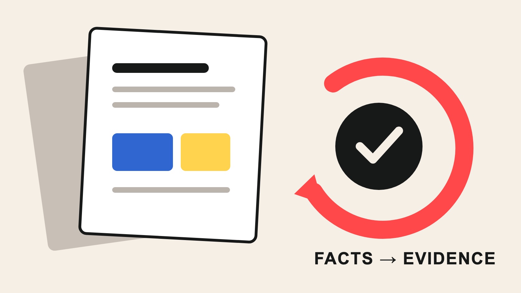 A layered editorial page system with a red refresh path connecting outdated facts to current evidence and source cards