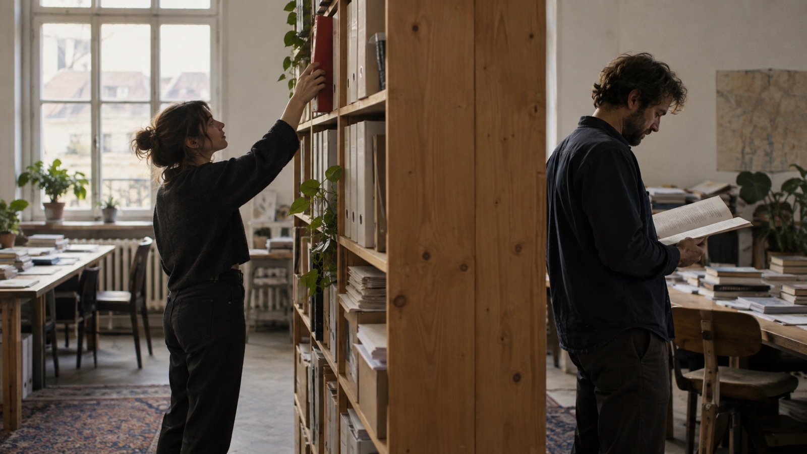 Two editorial researchers reading and retrieving plain binders around a wooden archive shelf