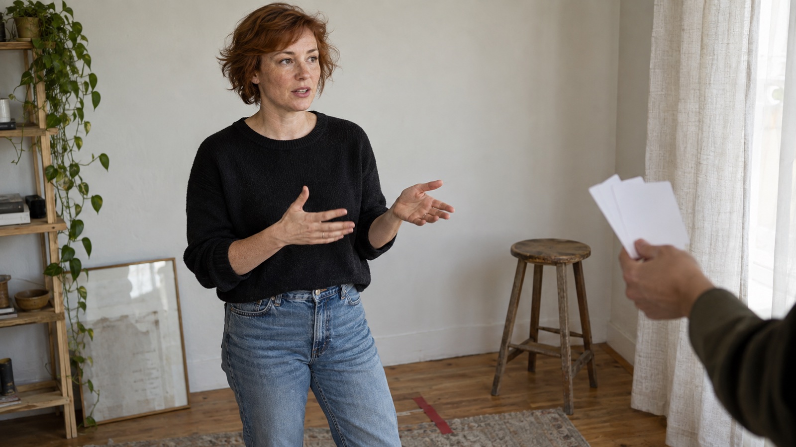 A creator rehearsing hand gestures while a producer holds blank cue cards in a home workroom