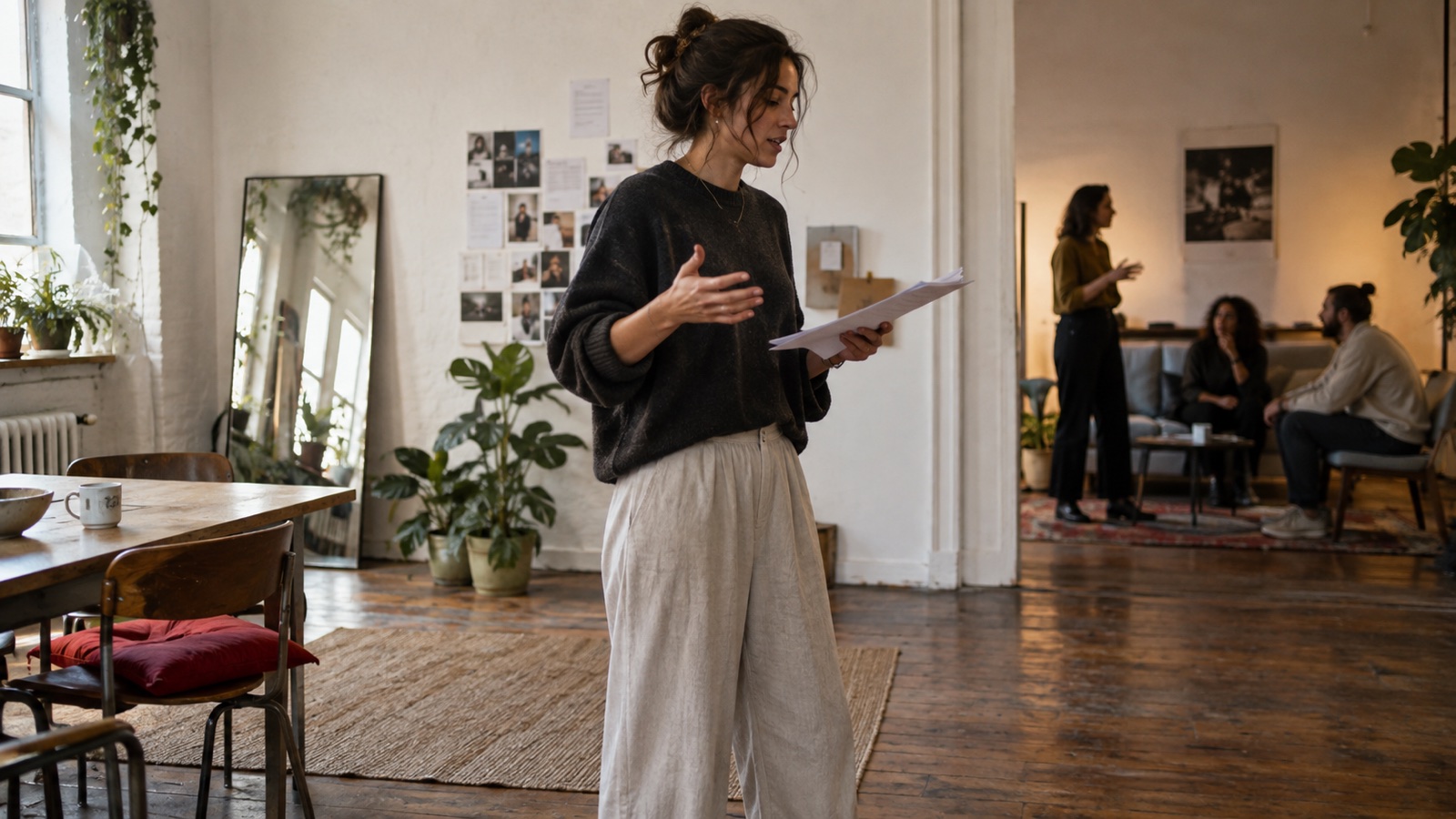One creator rehearsing alone while another speaks to a small audience deeper in a shared studio