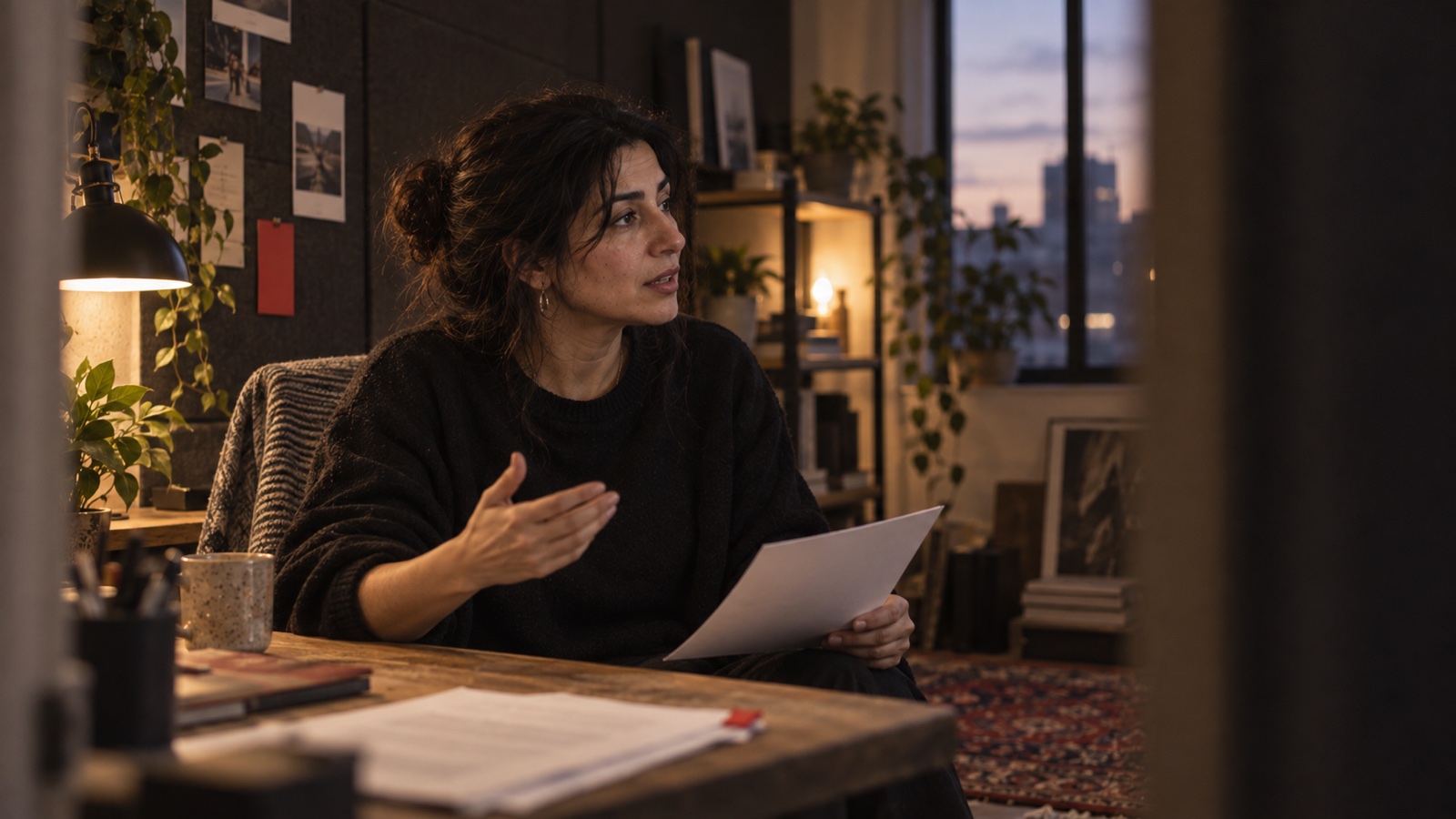 A long-form creator speaking in a home studio with proposal pages on the desk