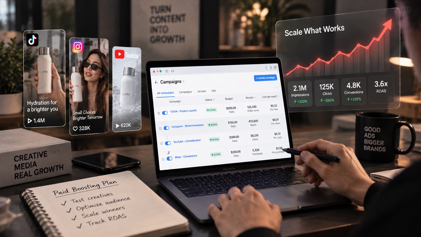 Service illustration of creator videos beside an advertising campaign dashboard and paid amplification plan