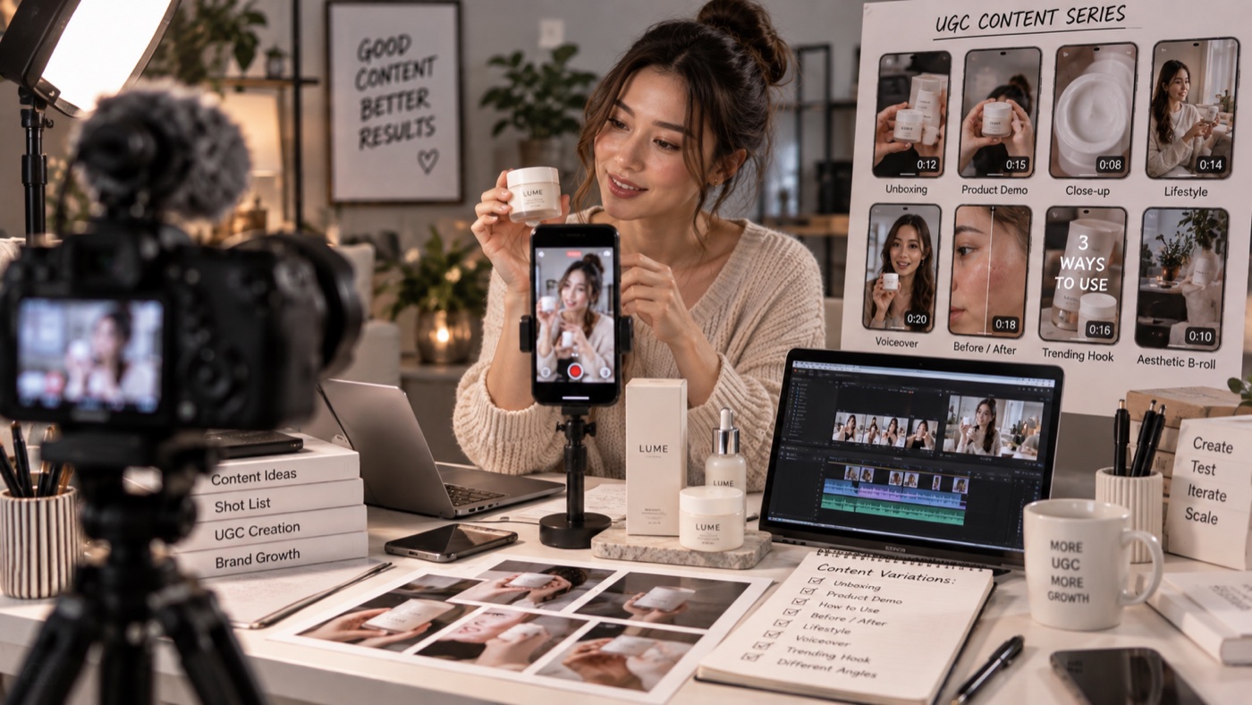 Service illustration of a creator recording a skincare demonstration with a camera, phone and editing workspace