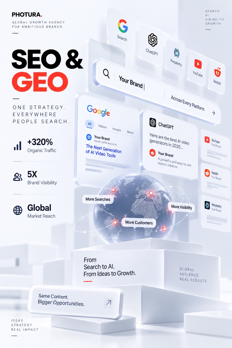 Service illustration of brand discovery through Google search and AI answers beside a global audience map