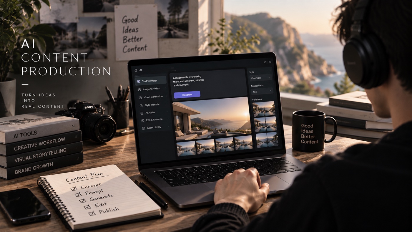Service illustration of an editor creating AI-generated scene variations on a laptop