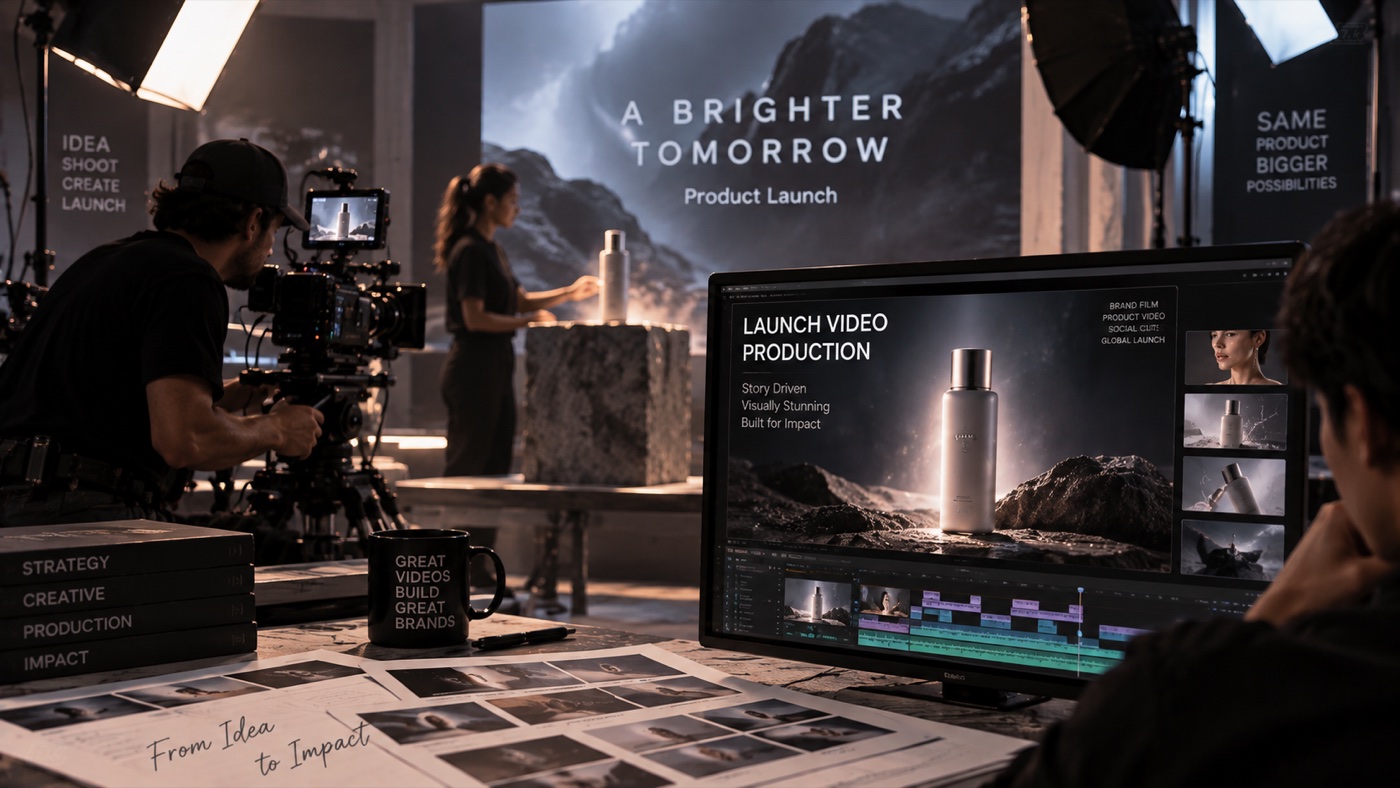Service illustration of a crew filming a product launch on a studio set beside a video editing timeline